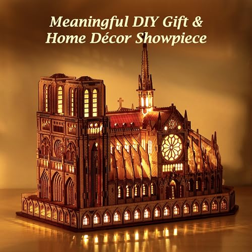 FUNPOLA LED 3D Wood Puzzle - Notre Dame de Paris Architecture Model-Night Edition with LED Lighting- DIY Building Model Craft Kit, Architecture Building Set