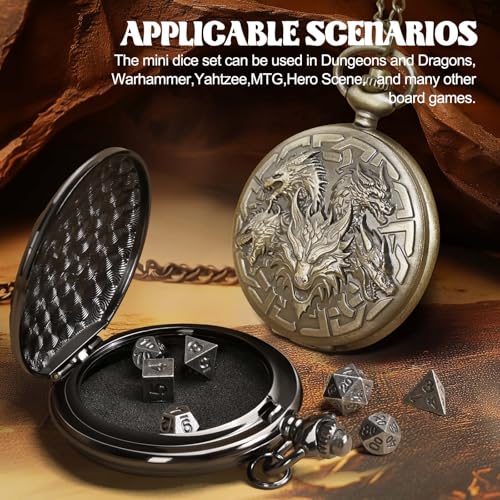 D&D Dice Set,7PCS Metal Dice for Dungeons and Dragons,Mini Dice Set with Pocket Watch Case,Role Playing Board Games Accessories (Dragon, Black) - color: Black, style: Dragon