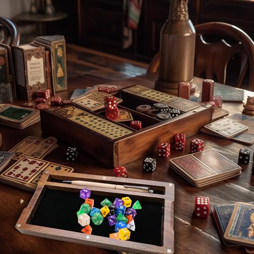 2 Pcs Walnut Dice Box 4.8 x 9 x 1.6 inch Secures Lid Portable Tray Handmade Rolling Dice Tray with Storage, Magnetic Lock and Phone Stand for Tabletop RPG and Board Games