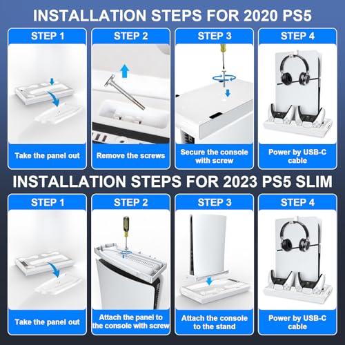 fivtek PS5 Stand with Cooling Fan & Controller Charger, All-in-One Docking Station for PS5 & PS5-Slim, 4-Port USB Hub, Headset Holder, Fast Wireless Charging for 2 Dual Controllers, White - color: White