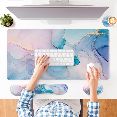 QIYI PU Leather Desk Mat Set, 4-in-1 Ergonomic Wrist Rest, Blue Pink Fluid | Waterproof Large Mouse Pad 31.5×15.7 + Keyboard Wrist Rest + Mouse Wrist Support+Coaster, Non-Slip Office Gaming Accessories - color: Blue Pink Fluid