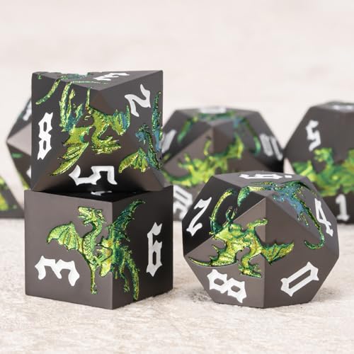 Dungeons and Dragons Dice DND Metallic Dragon Dice Set Sharp Edged Dice Set with Box, Polyhedral D&D Role Playing Game D&D Dice Set D20 D12 D10 D8 D6 D4 - color: Dragon-pearl Gun Sparkling Green