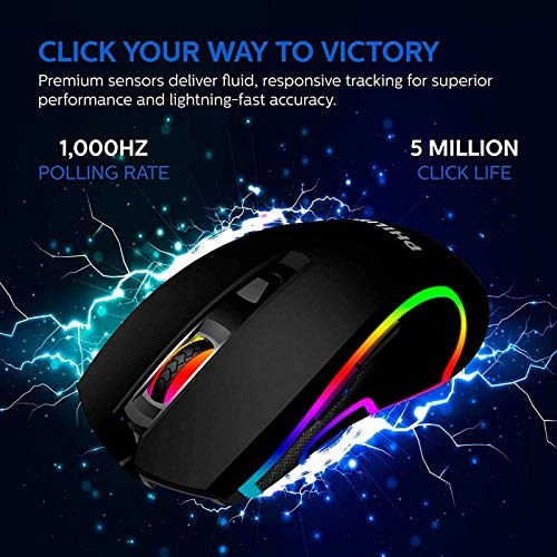 Philips Wired PC Gaming Mouse RGB Spectrum Backlit Ergonomic Mouse, Programmable Buttons Up to 6400 Adjustable DPI Optical USB Computer Mice for Windows PC Gamers