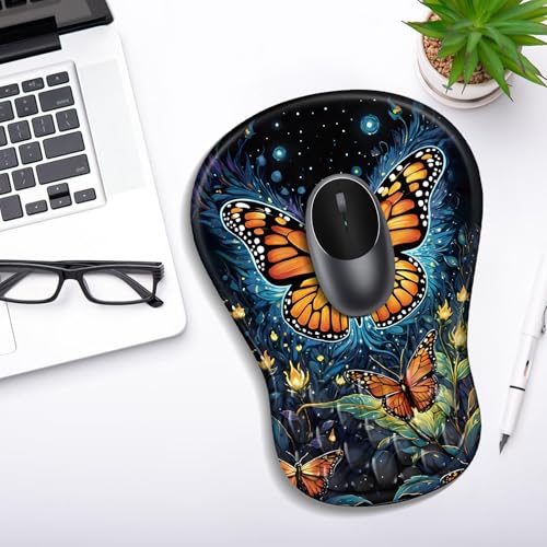 YIWEI Ergonomic Mouse Pad with Wrist Rest for Carpal Tunnel Pain Relief | Memory Foam Wrist Support,Non-Slip Rubber Base, Keyboard Computer Mousepad,Lycra Cloth Surface,Gaming Home Office - color: Butterfly