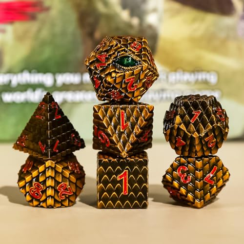Metal Dice Set D&D,7 PCS Dragon Scale Metallic DND Dice Set,Dragon Eye Metal Dice with Gift Metal Box for Dungeons and Dragon Tabletop Game (Yellow Dragon Scale & Green Eye) - color: Yellow Dragon Scale & Green Eye