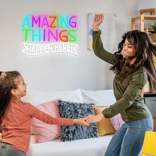 Amazing Things Happen Here Neon Sign Inspirational Rainbow Neon Light USB Powered Amazing Light LED Sign for Wall Decor Bar Club Party Home Room(16.54 * 11.02In) - style: Amazing Things Happen Here