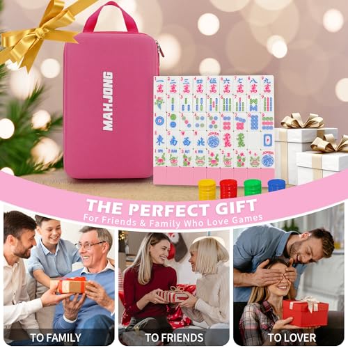 Jolitac American Mahjong Game Set, 166 Premium Tiles, Mahjong Tile Set with Sturdy Carrying Bag, Include Chips & Dice – Portable Travel Complete Mahjong Set for Adults & Beginners - color: Pink