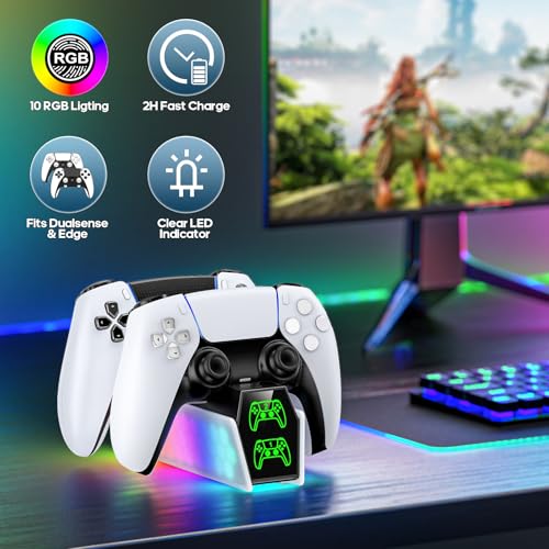 PS5 Controller Charger Station Compatible with DualSense & Edge Controllers, PS5 Charging Station Docking with RGB Light & LED Indicator for PS4 Controller Charger