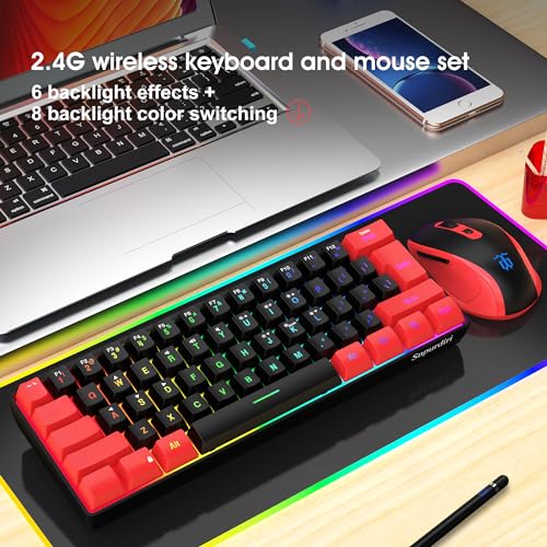 Snpurdiri 2.4G Wireless Gaming Keyboard and Mouse Combo, Include Mini 60% Merchanical Feel Keyboard, Ergonomic Vertical Feel Small Wireless Mouse(Red and Black) - color: Red Black Combo