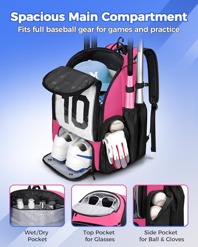 MATEIN PRO Youth Baseball Backpack for 4 Bats, Collapsible Shoe Compartment | Water Resistant, Large, Boys Baseball Bat Bag, Insulated Beverage Pocket, Clear Display Window, Storage Holds Glove, Helmet - color: Pink