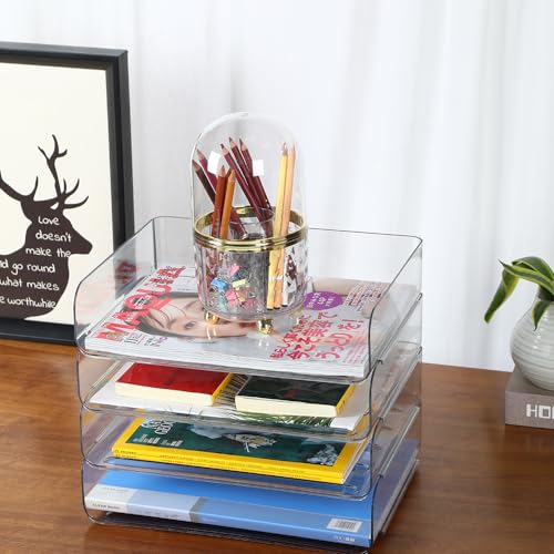 3 Tiers Stackable A4 Paper Trays, Office Desk File Holder, Tidy File Document Letter Book Paper Organizer (3 Tiers,Clear) - size: 3 tiers