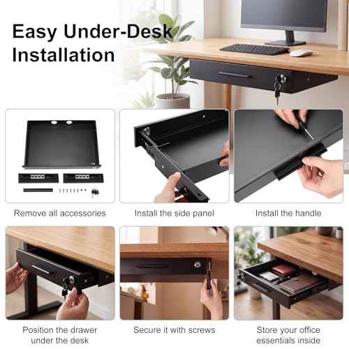 Menkxi 18'' x 12'' Under Desk Drawer Slide Out Storage Organizer, Lockable Metal Desk Drawer for Laptop and Office Accessories, Large Hidden Under Table Storage Box with Cable Management, Black - size: 18'' x 12''