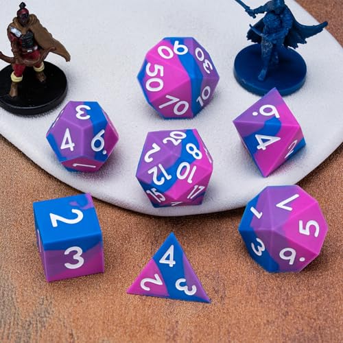 DND Silicone Rubber Polyhedral D&D Dice Set,Sharp Edges Soft Perfect Bouncer for Dungeons and Dragons, RPG, MTG (D4, D6, D8, D10, D12, D20, D%) for Ages 15 and Up - color: Blue Purple Rose Red