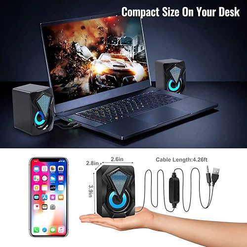 Computer Speakers X2 Wired PC Speaker 2.0 USB Gaming Powered Stereo Mini Multimedia Volume Control with RGB Lights 3.5mm Aux Input for Phone Tablets Desktop Laptop