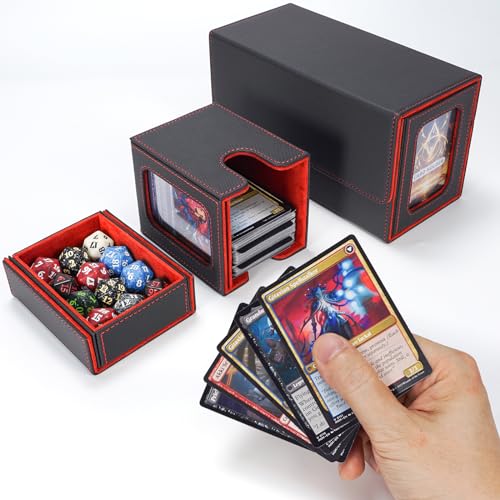 AFIING Mtg deck box with commander display- Fits 200 Double Sleeved Cards,3-in-1Card Deck Case,Strong Magnet Card Organizer For Magic Commander TCG CCG,4Dividers &2 Toploaders, Black/Red - color: Black Red