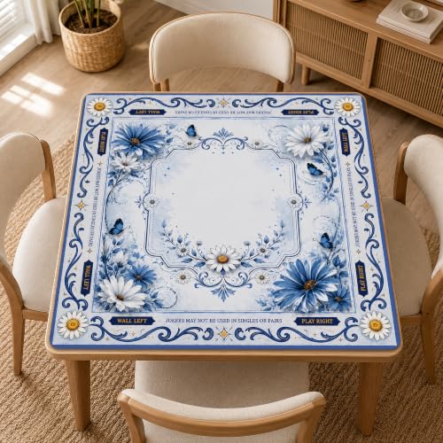 Blue White Daisy Butterfly Mahjong Mat for Table 31.5''x31.5'', Non-Slip Noise Reduction Mah Jongg Mats with Carrying Bag for American Mahjong, Poker, Board Games, Card Games & Dominoes - color: Blue White Daisy Butterfly