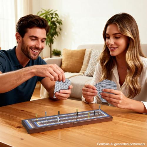 ELONGDI Foldable Wooden Cribbage Board Game Set, Portable Travel 3 Track Cribbage Board with Magnetic Closure,9 Metal Pegs,A Deck of Cards - Family Board Games for Kids and Adults