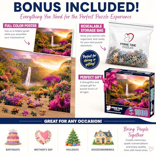 Hawaiian Waterfall Puzzles for Adults 1000 Pieces, Impossible Hard Difficult Challenging Puzzles for Adults, Colorful Tropical Flowers and Peaceful Waterfall Sunset - Jigsaw Puzzle 1000 Piece 20x27 - color: Hawaii Waterfall