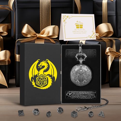 Mini DND Dice Set with Steampunk Paladin Pocket Watch Shell Case, DND Starter Set, 7pcs Polyhedral Mini Metal Dice Set, D&D Gifts with Gift Box, Role Playing Board Game Accessories, Silver - color: Dark Silver + Gift Box