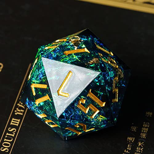 Cusdie Single D20 DND Dice with Sharp Edges and Glitter Foil Inclusions, 20 Sided D&D Dice, 33mm Handcrafted Polyhedral Dice, for Role Playing Game (Blue) - color: Blue