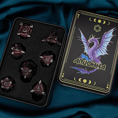 ARUOHHA DND Metal Dice Set Crystal Shards Dice with Gift Box, 7PCS Black Red Polyhedral Dice RPG Role Playing Game Handmade 6 Sided D and D Dice Set D20 D12 D10 D8 D6 D4 - color: Black Nickel Red