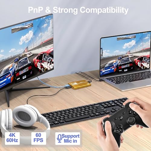 Video Capture Card, Audio Video Capture Card, USB 3.0 Capture Card 4K HDMI Loop-Out, 1080P 60FPS Video Game Capture for Streaming Works for PS5/Switch/Camera/PC/OBS (Golden) - color: Golden