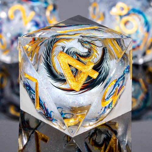 Roycevon Dragon Pattern Liquid Core DND Dice Set, 7Pcs Sharp Edge D&D Dice with Gift Box, Resin White Dungeons Dragons D and D Role Playing Dice D20 D12 D10 D8 D6 D4 - color: White Gold