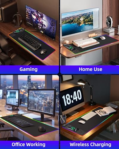 Wireless Charging RGB Gaming Mouse Pad 10W, 31.5"x11.8" Large Desk Mat, 9 Light Modes, Non-Slip Rubber Base, Waterproof Computer Keyboard Mat for Gaming