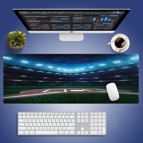 Professional Baseball Field at Night Large Mouse Pad, Stadium Art Desk Mat | Vibrant Playground League, Green and Blue, 31.5" x 11.8", XXL Gaming/Office Durable Stitched Keyboard Mat, Smooth, Anti-Slip - color: Baseball Field