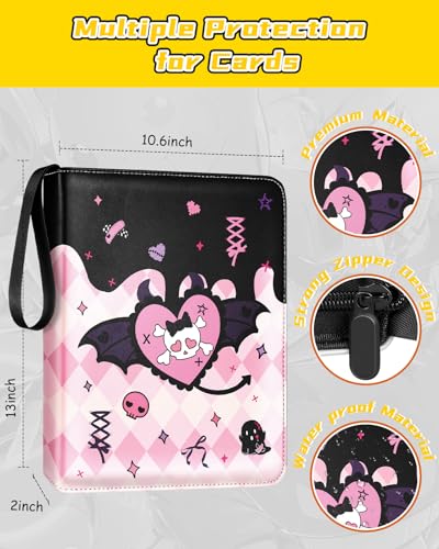 for 9 Pocket Trading Card Binder for 900 Cards - Cute Large Capacity Card Collection Album Folder with Zipper for Women Girls Teens Heart Skull Design for Sports, TCG, Game Cards