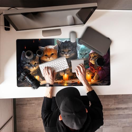 Commander Roleplay Desk Pad Mat Role Gaming XXL Big Mouse Pad Gaming Tabletop Game Gamer Gift - Mousepad XXL Laptop Computer Keyboard Pad with Stitched Edges Anti-Slip Funny Deskpad 31.5x15.7 in - color: Five Cats