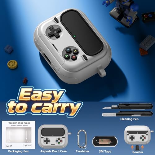 Getino Retro Game Case for AirPods Pro 3 | Game Console Design Protective Cover with Foldable Stand, Secure Lock Anti-Drop Shockproof PC+TPU Case, Keychain & Cleaning Kit for Men & Boys, Gray - color: Gray