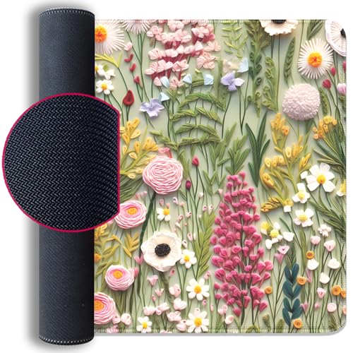 Embroidered Flower Wildflower Embroidery 3D Pattern Mouse Pad Desk Pad,Stitched Edges Non-Slip Waterproof Rubber Base Mous Mat for Office,Computer,Keyboard,Laptop and Home Desk Pad(27.5X11.8 in) - color: Embroidered Flower