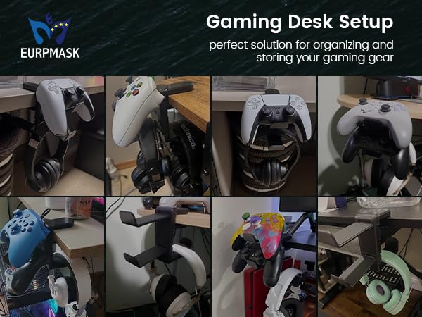 3in1 Rotating Headphone Holder - EURPMASK 3in1 PC Gaming Headset Holder w/Detachable Controller Holder, Adjustable Clamp-on Headset Stand,Headphone Hanger Hook Under Desk w/Cable Clip Organizer,Black - color: Gaming Combo Black