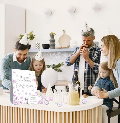 Butterfly Kisses Baby Shower Game Set - Guess How Many Kisses, 50 Cards, Standing Sign, 180 Stickers - color: Butterfly 01