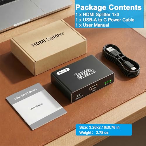 HDMI Splitter 1 in 3 Out, 4K HDMI Distributor for Triple Monitors, HDMI Splitter Copy 1 Source to 3 Displays at The Same Time for TV/Monitor/Projector/PS5/Laptop/STB (Power Cable Must Be Connected)