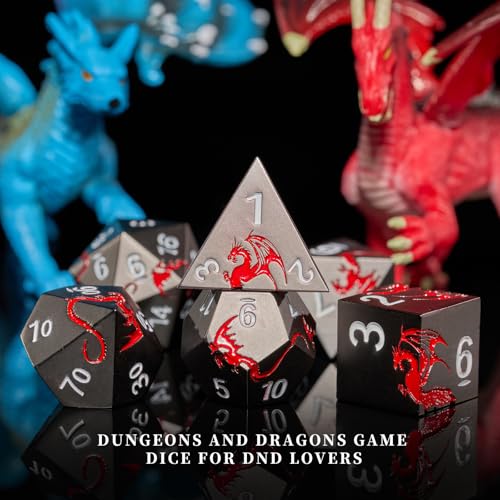 Metal Dice Set,7-Piece Zinc Alloy Dragon DND Dice,Black Red | Complete polyhedral dragon dice set with easy-to-read numbers and a magnetic gift box for DND players and collectors. - color: Black With Red