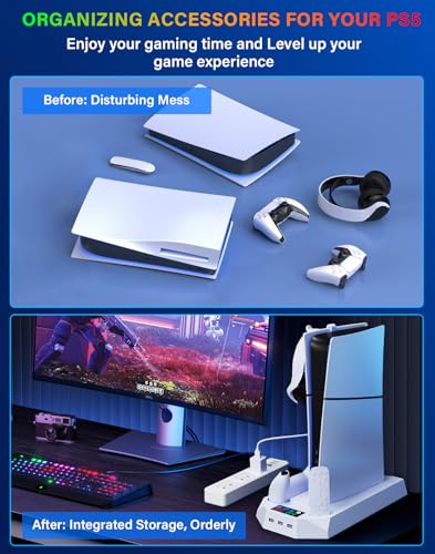 PS5/Slim/Pro Cooling Station with Controller Charging Station for PlayStation 5 Slim/Pro Console, PS5 Cooling Stand Cooler Accessories Incl Cooling Fan, 3 USB Hubs, Headset Holder, Screw - White - color: White