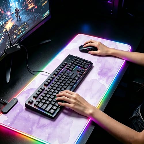 RGB Large Gaming Mouse Pad, Extended Mouse Pad with 12 Lighting Effects, Water Proof Mutispandex Surface, Non-Slip Rubber Base, 80x30 cm / 31.5×11.8 in (Purple Nebula) - color: Purple Nebula