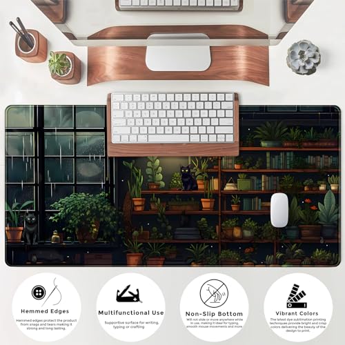 Lofi Cat Desk Mat Dark Green Plant Books Desk Pad Black Cat Aesthetic Anime Big Mouse Pad Large Gaming Mousepad XL Cool Keyboard Pad Deskmat Laptop Computer Mouse Mat 31.5X 15.7in - color: A Lofi Cat