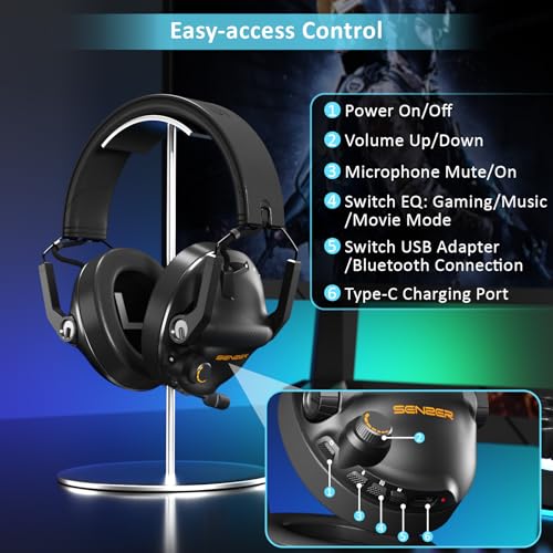 SENZER Wireless Gaming Headset with Microphone - 7.1 Surround Sound, Noise Canceling Mic, 2.4GHz Wireless & Bluetooth 5.3 - Foldable Gaming Headphones for PC PS5 PS4 (Not Xbox Compatible)