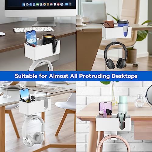 KDD 4-in-1 Desk Organizer - Under Desk Cup Holder and Headphone Hanger with 2 Wire Holes - Rotating Hanger and Detachable Storage for Cup, Phone and Pen (White) - color: White