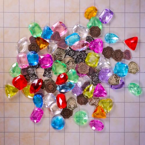 ENHANCE Tabletop Treasure Token Set - 40 Metal MTG Tokens (x10 Each Design) with Acrylic Assorted Gems (40+) and Drawstring Pouch, Counters for RPG Games - MTG Counters, DND Coins for Tabletop Games