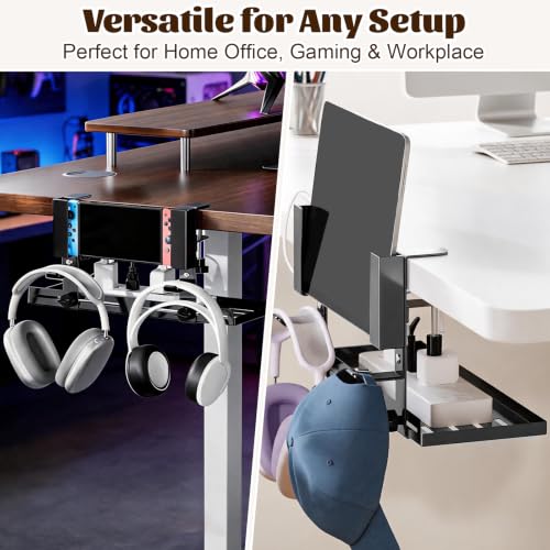 Laptop Holder for Desk,Desk Side Storage Organizer, Under Desk Laptop Mount | Clamp-On Vertical Laptop Holder, No Drill Metal Shelf with Headphone Hook & Power Strip Holder, Black
