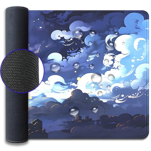 Blue Clouds Mouse Pad,Extended Stars Sky Dark Blue Clouds Mousepad Desk Pad with Stitched Edges,Non-Slip Waterproof Rubber Base Mouse Mat for Office Computer Keyboard Laptop Home 27.5x11.8 in - color: Blue Clouds