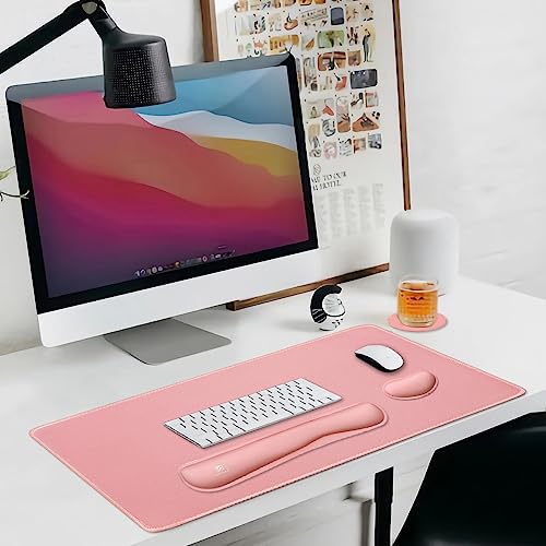 4-in-1 Large Gaming Mouse Pad, Keyboard Wrist Rest Pad & Wrist Support Mousepad Set, Extended Desk Pad Waterproof Desk Mat for Home Office Study Game-Pink - color: Pink