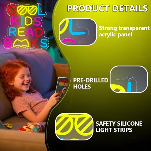 Cool Kids Read Books Neon Sign,Classroom Neon Sign Gift for Kids Teens,Reading LED Light Wall Decor for Library Reading Corner Bedroom Book Themed Party Decorations Study Room USB Powered(12.2"*12.1") - style: Book