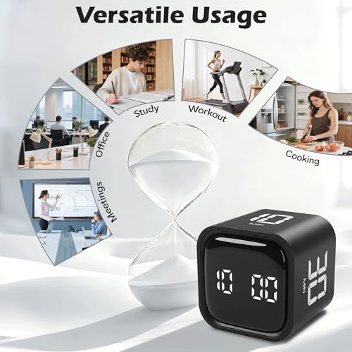 Pomodoro Timer Cube, Productivity Visual Timer Flip, 5/10/30/60 Min Preset Custom Countdown, ADHD Tool Rotating Countdown Stopwatch, Vibrate/High/Low Volume, for Study, Work, Game, Kitchen-Black - color: Black