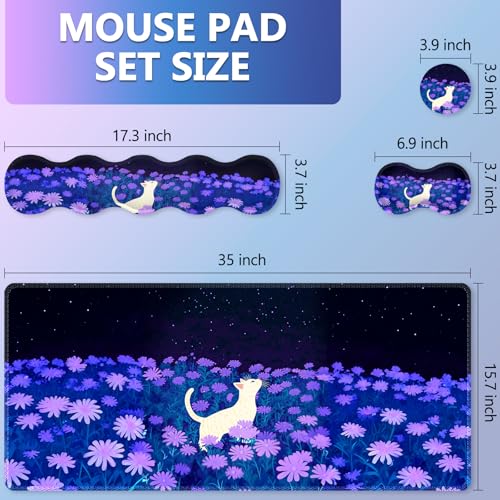 AIMSA Large Mouse Pad Wrist Support Set, Purple Desk Mat+Mouse Pad with Wrist Rest+Keyboard Wrist Pad+Coaster, 4-in-1 Cat Flowers Ergonomic Mousepad Combo - color: Cat Purple Flowers