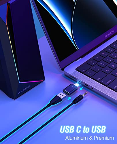 LENRUE Computer Speakers, USB/USB-C Powered AUX Audio for PC Speakers with Loud Stereo Sound, Headphone-in, Touch Lights for Desktop, Computer, Laptop, Desk(USB-C to USB Adapter Included - color: Black